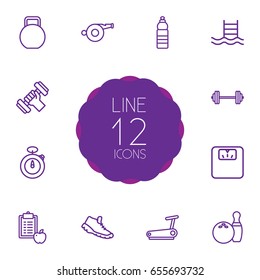 Set Of 12 Bodybuilding Outline Icons Set.Collection Of Pool, Stopwatch, Water Bottle And Other Elements.