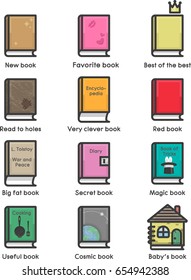 Set of 12 book icons of different genres. Flat design. Humor.