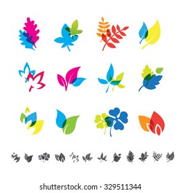 Set of 12 botanical icons, leafs, brunches and floral  silhouettes.
