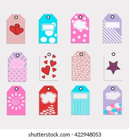 Set of 12 bright summer labels. Summer colored card vector illustration. Gift mini cards. Cute bright labels for kids and adults. Collection of gift labels, tags - stock vector
