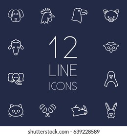 Set Of 12 Brute Outline Icons Set.Collection Of Dog, Owl, Cat And Other Elements.