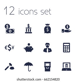 Set Of 12 Budget Icons Set.Collection Of Piggy Bank, Worker, Currency And Other Elements.
