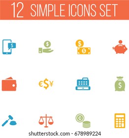 Set Of 12 Budget Icons Set.Collection Of Sack, Purse, Money And Other Elements.