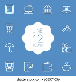 Set Of 12 Budget Outline Icons Set.Collection Of Cash Register, Safe, Money Box And Other Elements.