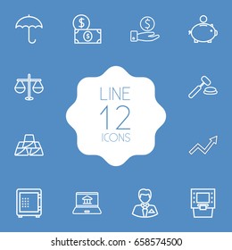 Set Of 12 Budget Outline Icons Set.Collection Of Money Box, Businessman, Dollar And Other Elements.