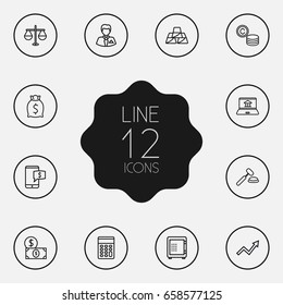 Set Of 12 Budget Outline Icons Set.Collection Of Golden Bars, Safe, Businessman And Other Elements.