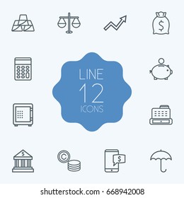 Set Of 12 Budget Outline Icons Set.Collection Of Money Box, Grow Up, Cash Register And Other Elements.