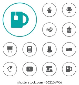 Set Of 12 Bureau Icons Set.Collection Of Flower , Stand , Cup Elements.