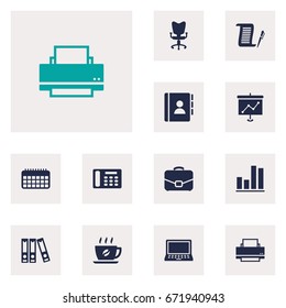 Set Of 12 Bureau Icons Set.Collection Of File Folder, Laptop, Office Chair And Other Elements.