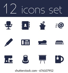 Set Of 12 Bureau Icons Set.Collection Of Cup, Book, Date And Other Elements.