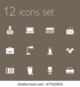 Set Of 12 Bureau Icons Set.Collection Of Trash Can, Laptop, Mail And Other Elements.
