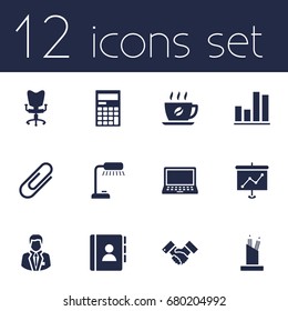 Set Of 12 Bureau Icons Set.Collection Of Manager, Clip, Calculator And Other Elements.