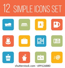 Set Of 12 Bureau Icons Set.Collection Of Date, Message, Case And Other Elements.