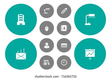 Set Of 12 Bureau Icons Set.Collection Of Graphite, Table Lighter, Metropolis And Other Elements.
