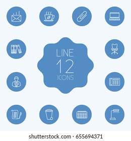 Set Of 12 Bureau Outline Icons Set.Collection Of Reading-Lamp, Agreement, Workplace And Other Elements.