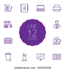 Set Of 12 Bureau Outline Icons Set.Collection Of Notebook, Printing Machine, Date And Other Elements.