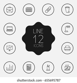 Set Of 12 Bureau Outline Icons Set.Collection Of Pen Storage, Chart, Hot Drink And Other Elements.