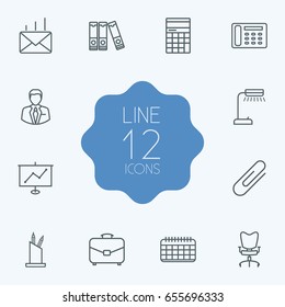 Set Of 12 Bureau Outline Icons Set.Collection Of Pen Storage, Show, Date And Other Elements.