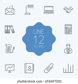 Set Of 12 Bureau Outline Icons Set.Collection Of Reading-Lamp, Chart, Partnership And Other Elements.