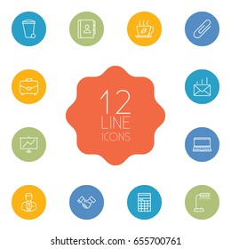 Set Of 12 Bureau Outline Icons Set.Collection Of Notebook, Counter, Reading-Lamp And Other Elements.