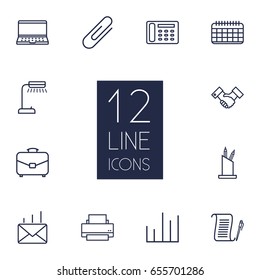 Set Of 12 Bureau Outline Icons Set.Collection Of Notebook, Pen Storage, Chart And Other Elements.