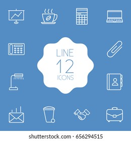 Set Of 12 Bureau Outline Icons Set.Collection Of Reading-Lamp, Counter, Show And Other Elements.