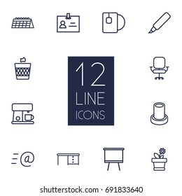 Set Of 12 Bureau Outline Icons Set.Collection Of Flowerpot, Wastebasket, Tea And Other Elements.