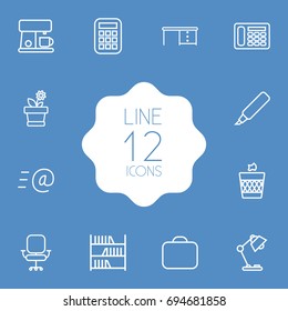 Set Of 12 Bureau Outline Icons Set.Collection Of Telephone, Flowerpot, Bookshelf And Other Elements.