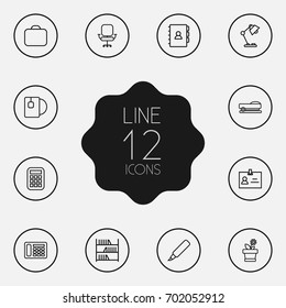 Set Of 12 Bureau Outline Icons Set.Collection Of Telephone, Bookshelf, Book And Other Elements.