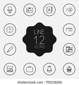 Set Of 12 Bureau Outline Icons Set.Collection Of Email, Desk, Wall Clock And Other Elements.