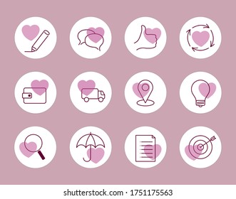 Set of 12 business icons. Pictograms for activities made with love. Collection symbols for web - site or social networks