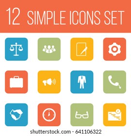 Set Of 12 Business Icons Set.Collection Of Suitcase, Clothes, Partnership And Other Elements.