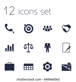 Set Of 12 Business Icons Set.Collection Of Goal, Colleagues, Mechanism And Other Elements.