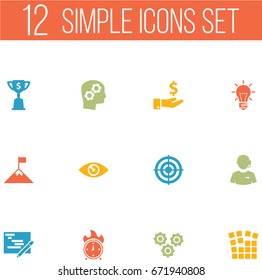 Set Of 12 Business Icons Set.Collection Of Time In Fire, Gear, Bulb And Other Elements.