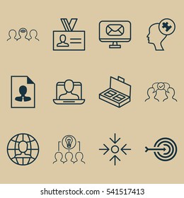 Set Of 12 Business Management Icons. Includes Cooperation, Social Profile, Coaching And Other Symbols. Beautiful Design Elements.