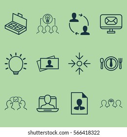 Set Of 12 Business Management Icons. Includes Cv, Social Profile, Collaborative Solution And Other Symbols. Beautiful Design Elements.