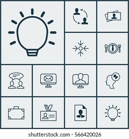 Set Of 12 Business Management Icons. Includes Dinner, Email, Cooperation And Other Symbols. Beautiful Design Elements.