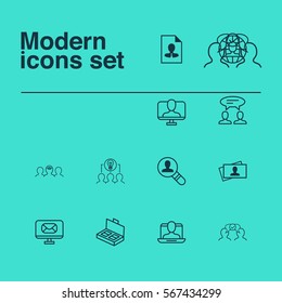 Set Of 12 Business Management Icons. Includes Document Suitcase, Cv, Social Profile And Other Symbols. Beautiful Design Elements.