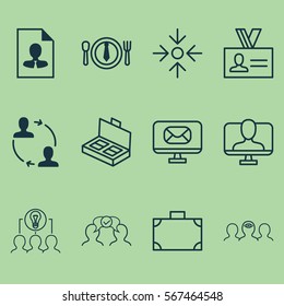 Set Of 12 Business Management Icons. Includes Portfolio, Cooperation, Document Suitcase And Other Symbols. Beautiful Design Elements.