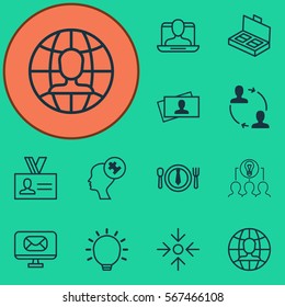 Set Of 12 Business Management Icons. Includes Email, Calling Card, Social Profile And Other Symbols. Beautiful Design Elements.