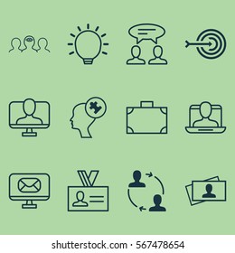 Set Of 12 Business Management Icons. Includes Coaching, Authentication, Human Mind And Other Symbols. Beautiful Design Elements.