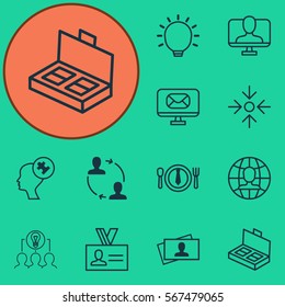 Set Of 12 Business Management Icons. Includes Email, Document Suitcase, Great Glimpse And Other Symbols. Beautiful Design Elements.