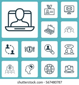 Set Of 12 Business Management Icons. Includes Dinner, Email, Global Work And Other Symbols. Beautiful Design Elements.