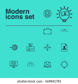 Set Of 12 Business Management Icons. Includes Global Work, Authentication, Social Profile And Other Symbols. Beautiful Design Elements.