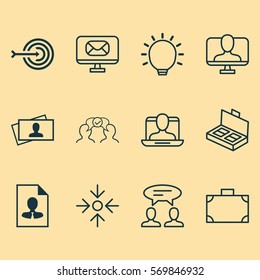 Set Of 12 Business Management Icons. Includes Arrow, Business Aim, Calling Card And Other Symbols. Beautiful Design Elements.