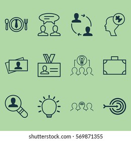 Set Of 12 Business Management Icons. Includes Portfolio, Great Glimpse, Calling Card And Other Symbols. Beautiful Design Elements.