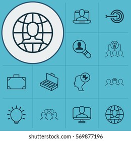 Set Of 12 Business Management Icons. Includes Portfolio, Cooperation, Online Identity And Other Symbols. Beautiful Design Elements.