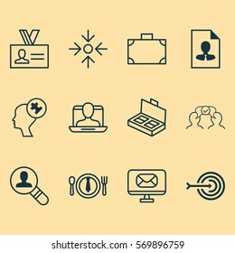 Set Of 12 Business Management Icons. Includes Social Profile, Business Aim, Dinner And Other Symbols. Beautiful Design Elements.