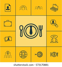 Set Of 12 Business Management Icons. Includes Dialogue, Document Suitcase, Portfolio And Other Symbols. Beautiful Design Elements.