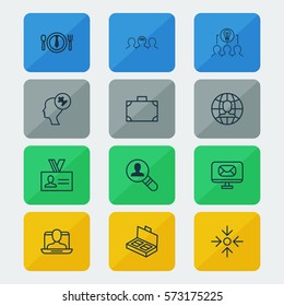 Set Of 12 Business Management Icons. Includes Human Mind, Document Suitcase, Collaborative Solution And Other Symbols. Beautiful Design Elements.